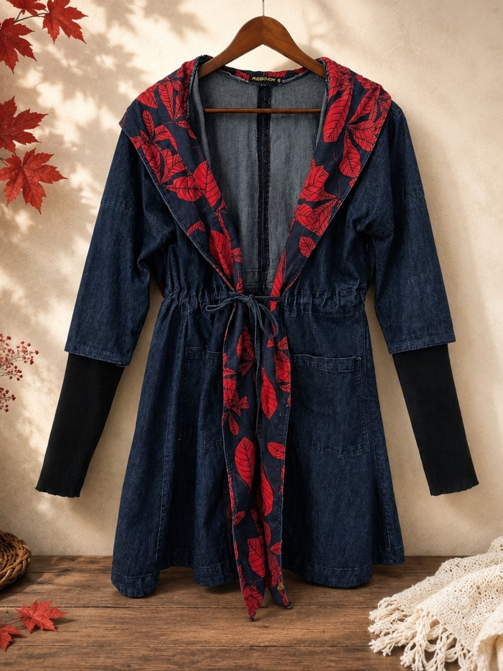 REBORN Denim Hooded Long Jacket M Red Leaf Boho Artsy Coat